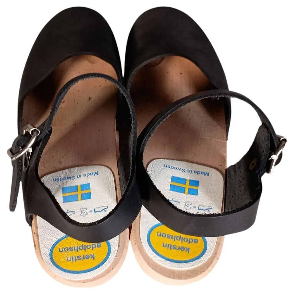 Kerstin Adolphson Swedish Clogs Black Leather Wood Ankle Strap 38/US 7.5 - 8